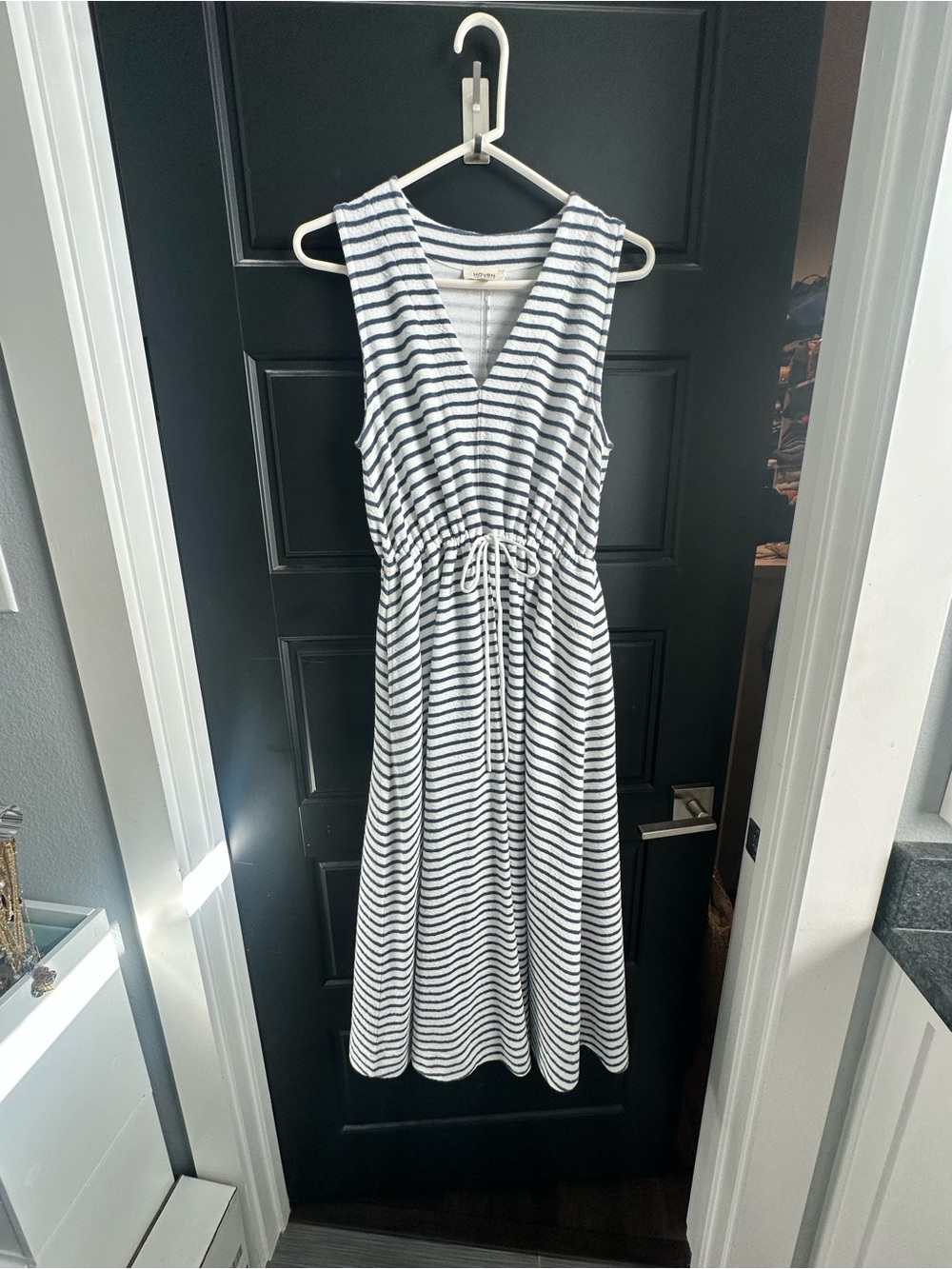 Haven well within Striped V-Neck Midi Dress with Drawstring Waist - White & Navy
